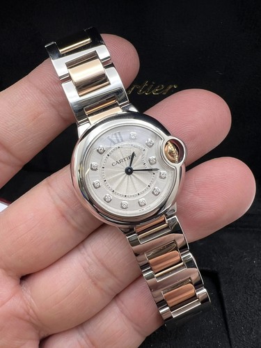 Juego de caja Cartier Ballon Bleu 28 mm WE902030 18K acero rosa plata diamante esfera - Imagen 3 de 12