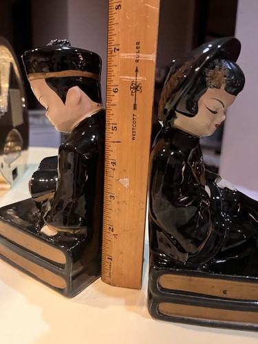 Vintage Asian Couple Bookends, Man Woman Black Gold Books Reading Book End Set - Picture 15 of 15