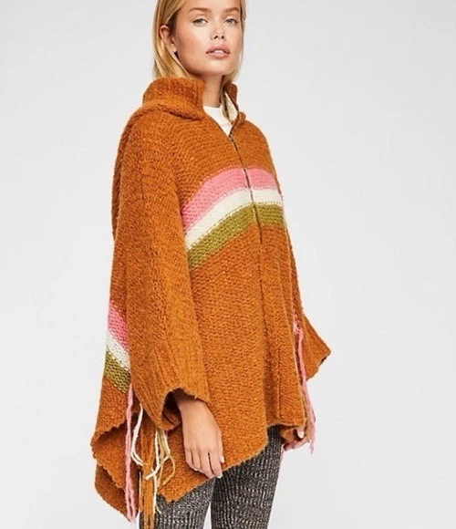 Free People Desert Sunrise Knitted Thick Poncho Sweater Top Orange XS/S