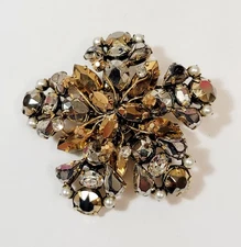 Vintage Schreiner Flower Brooch Pendant Metallic Rhinestones Gold Silver Bronze