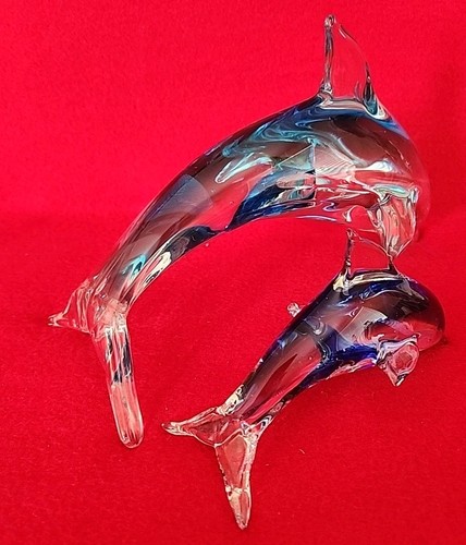 Blown Art Glass Blue Dolphin Figurines Paperweight Large 10" & Small 6" Set of 2 - Picture 2 of 9