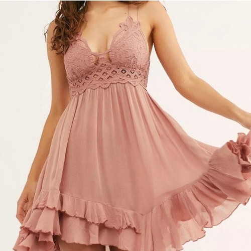 Free People Adella Rose Pink Crochet Lace Boho Mini Dress