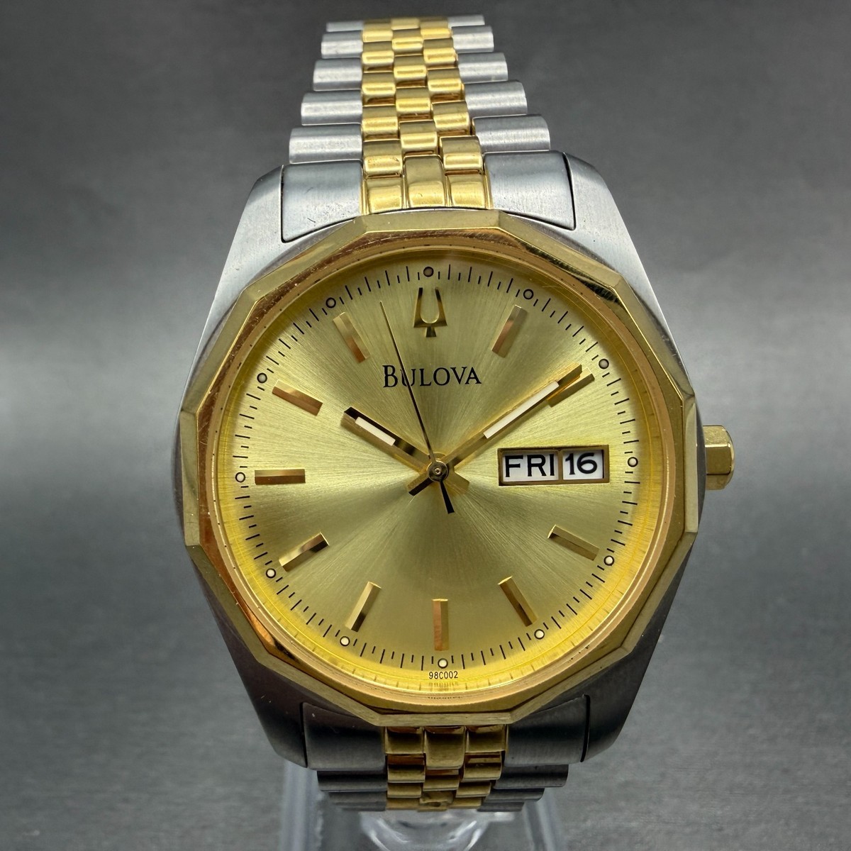 Bulova Watch Men 37mm Gold Dial Two Tone Daydate Round 98C002 New