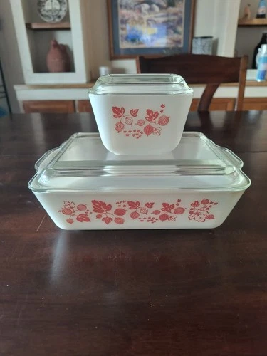 Pyrex Pink Gooseberry 501 503 Refrigerator Dish Set With Lids