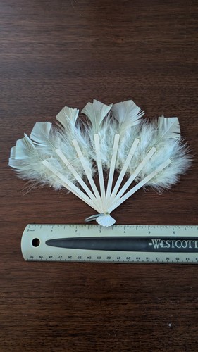 Vintage Pale Blue Feather Hand Held Fan Small Child or Doll 5 x 6 " Museum Deacs - Picture 5 of 6