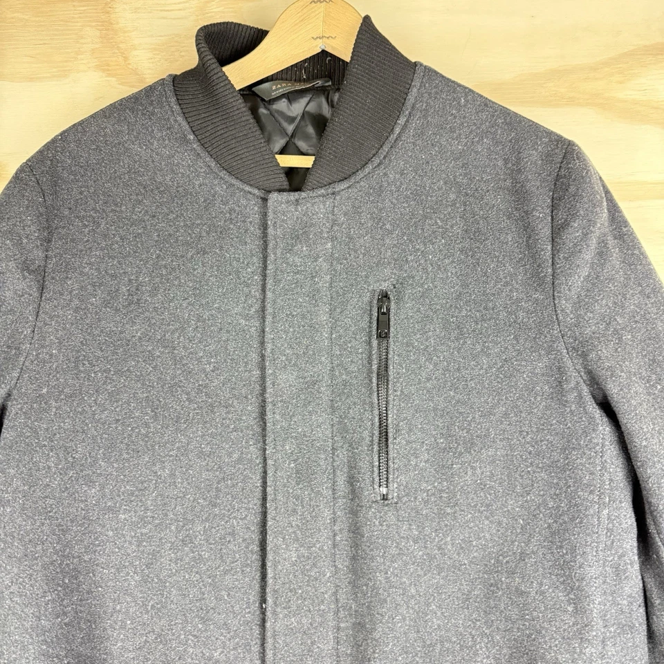 ZARA человек серый шерсти смесь Тренч с подкладкой размер M тяжелый полный молнии твердого куртки - Изображение 2 из 4