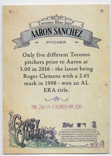 2017 Topps Gypsy Queen Missing Black Plate Aaron Sanchez #216 Toronto Blue Jays - Picture 2 of 2