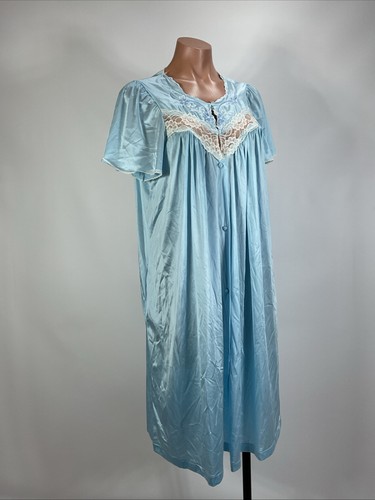Vintage 70er Jahre babyblau Spitze Blumen Nachthemd Kleid Morgenmantel Knopfleiste Gr. M - Bild 4 von 7