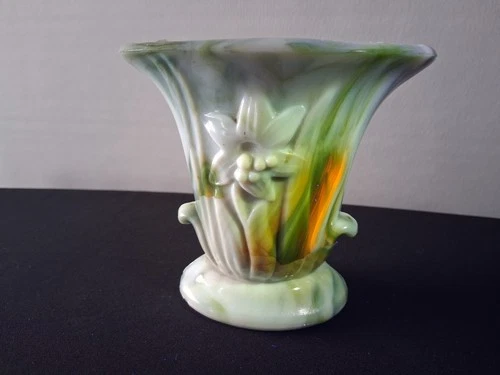 Vintage Akro Agate Green Swirl Lily Slag Milk Glass Vase EUC