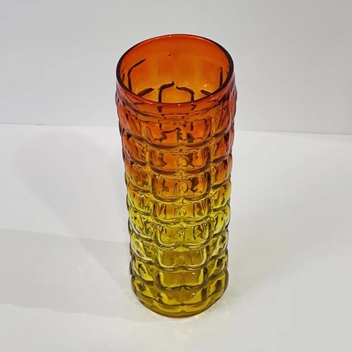 Blenko Amberina Optic Bubble Vase Orange Yellow MCM Art Glass 8”