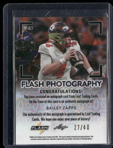 2022 Leaf Flash #FP-BZ1 Bailey Zappe Metalized Sparkles Silver AUTO #/40 - Picture 2 of 2