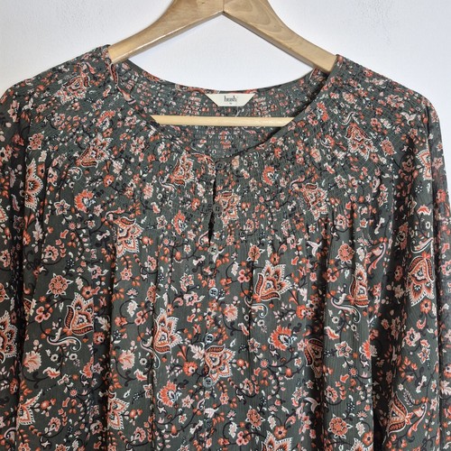 Hush 16 Khaki Floral Sheer Chiffon Shirred Blouse Shirt Long Sleeve Paisley  - Bild 2 von 13