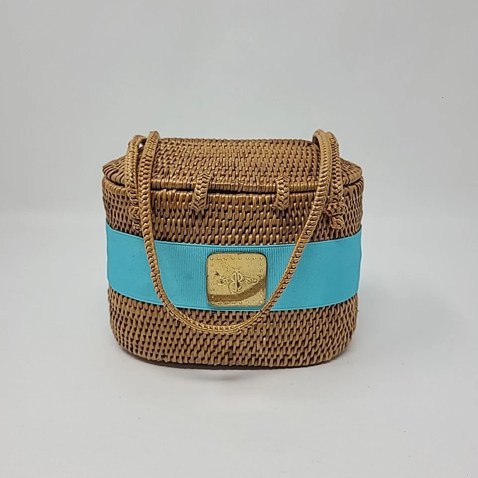 Bolsos Bosom Buddies Tejidos a Mano Cartera de Ratán Detalle de Cinta Arco Aqua Foto 4 de 4