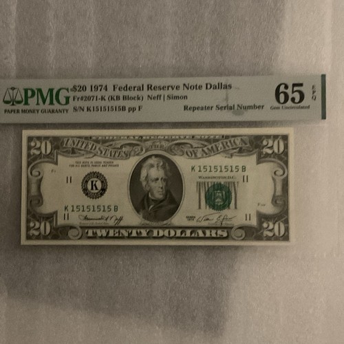 FR#2071-K$20.00 FRN,SER# 15151515 RepeaterSER# PMG65EPQ - Picture 1 of 3