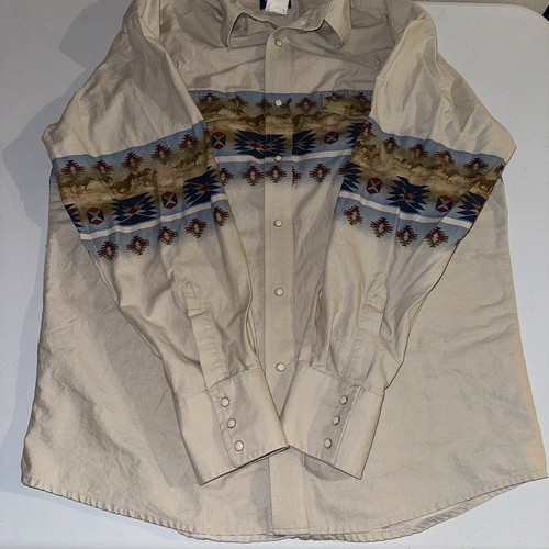 Vintage Wrangler Pearl Snap Western Shirt Aztec Horses Wrap Around Size Large - Picture 7 of 15