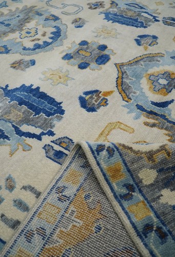Handmade Antique Ivory-Blue Turkish Oriental Oushak Area Rug | Hand-Knotted Rug - Picture 9 of 9