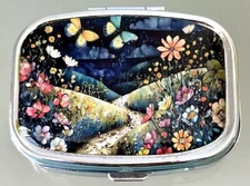 Enchanted Flower Meadow Butterflies Rectangular  Purse Travel Vitamin Pill Box