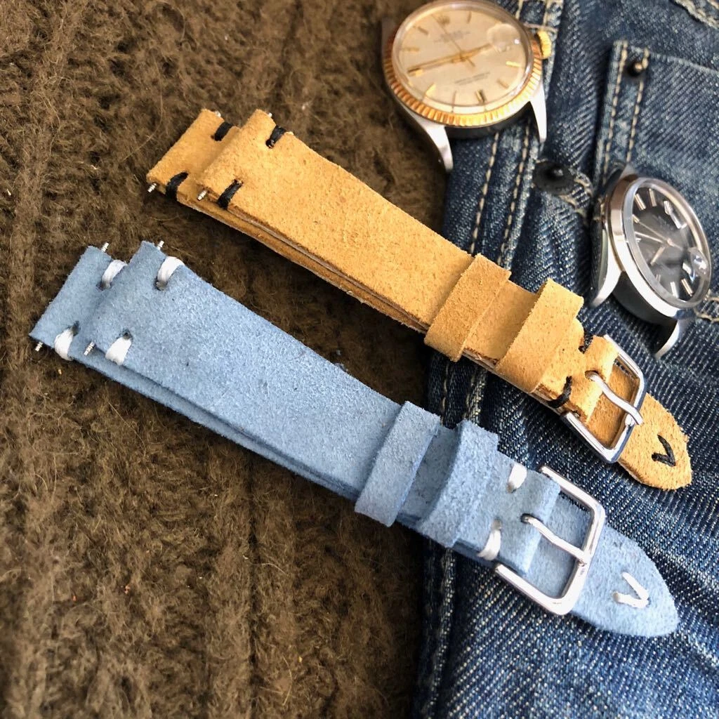 Italian Vintage Genuine Suede Leather watch strap H Made 18 19 20 22mm Blue Grey