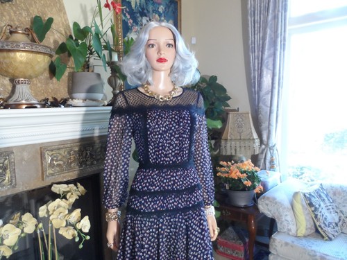 New Diane Von Furstenberg Navy Blue Multi 100% Silk Chiffon Peasant Dress Size 2 - Picture 8 of 24