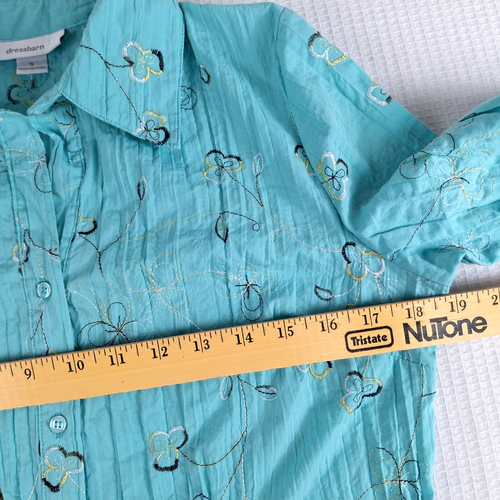 dressbarn Women's Blouse Crinkle Size S Small Aqua Embroidered Button Up 3/4 SL - Picture 11 of 18