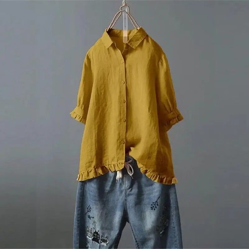 Loose Casual Cotton Linen Solid Shirt Women Elegant Ruffled Lapel Single - Picture 21 of 28