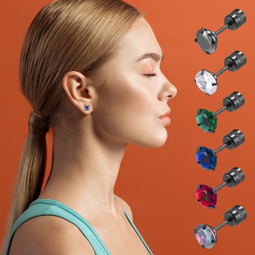6 Pairs Screw Back Earrings Stud Set Titanium Colorful Zirconia Cubic - Picture 4 of 11