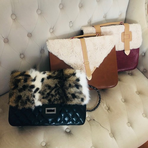 Ladies Satchel Bag Faux Leather with Faux Fur - Picture 1 of 13