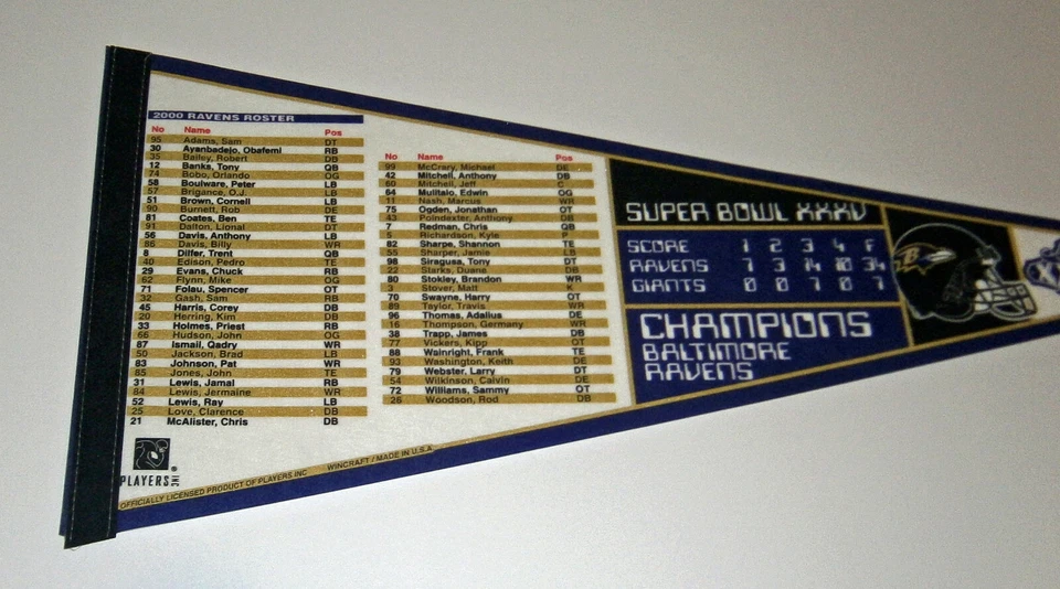 Baltimore Ravens Super Bowl XXXV Champs Roster banderín 2000 con puntuación Ray Lewis Foto 2 de 2