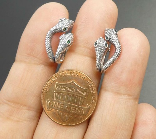 Sterling Silver Double Head Snake Earrings Ear Cuff Non Piercing Unique Gothic - Picture 7 of 7