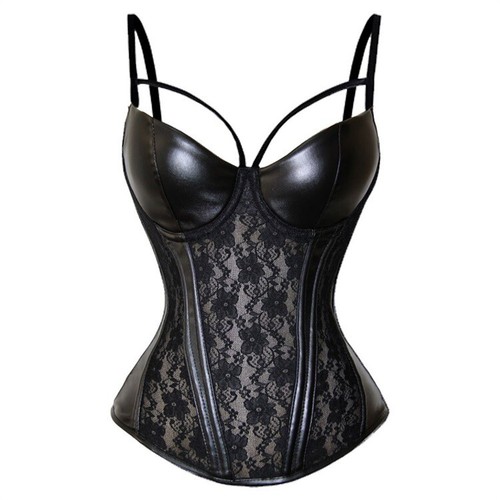 Women Sexy Lace Faux Leather Bustier Bra Corset Elastic Camisole Tank Top Slim - Picture 2 of 6