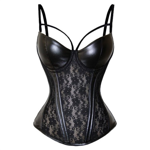 Women Lace Faux Leather Bustier Bra Corset Elastic Sexy Camisole Tank Top Club - Picture 1 of 11