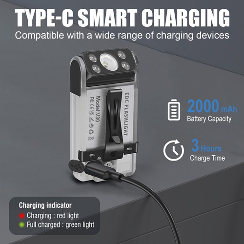 V30 LED Keychain EDC Flashlight Type-C Rechargeable Torch Work Light - Picture 9 of 20