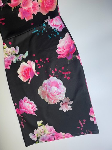 Abito midi Quiz spalle scoperte taglia 14 floreale rosa bianco nero pizzo aderente Bardot - Foto 7 di 12