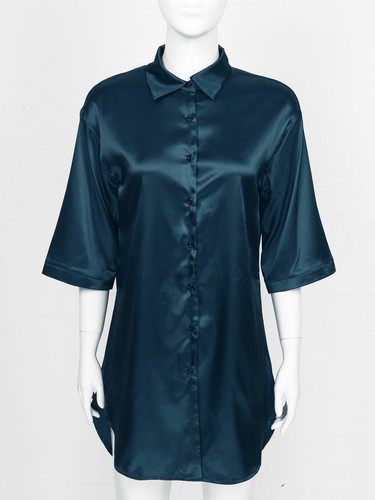 Damen Satin Schlafshirts Nachthemd Knopfleiste Seide Pyjama 3/4 Arm Nachtwäsche - Bild 15 von 94