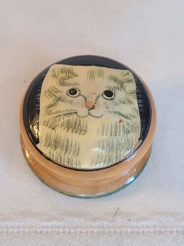 Round Wood Cat Trinket Ring Pill Box Decorative Hand Painted Vintage - Picture 2 of 7