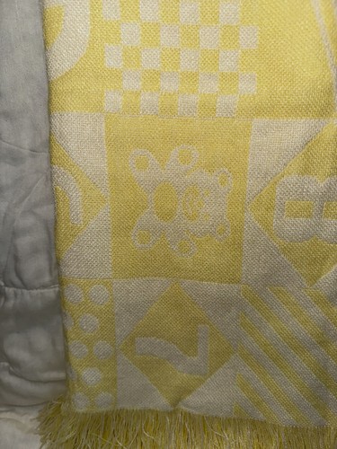 Yellow White Open Weave Acrylic Baby Blanket Numbers Letters Rattle Toys EUC - Picture 6 of 8