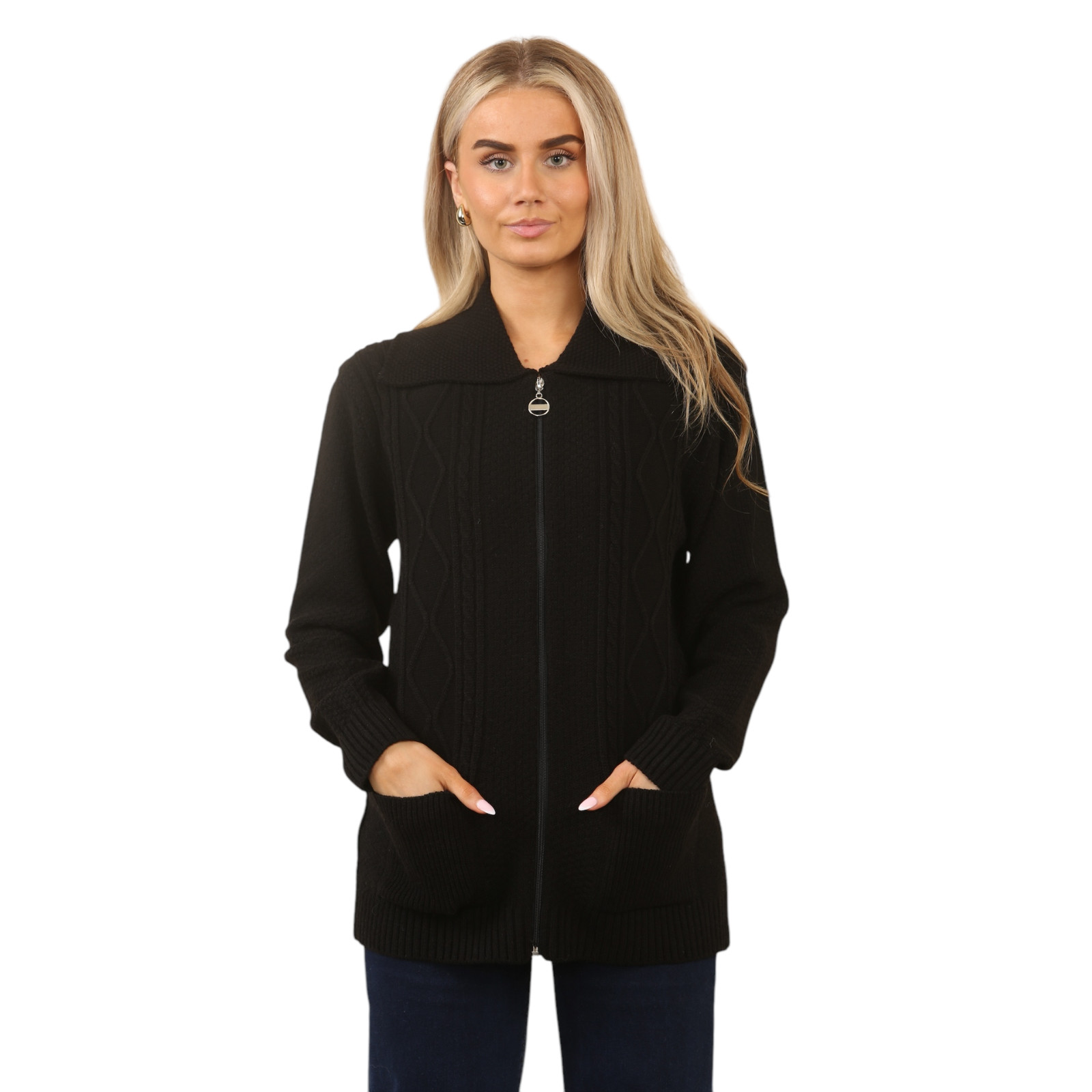 WOMENS ZIP UP CARDIGAN LADIES DIAMOND CABLE KNIT LONG SLEEVES SWEATER TOP JUMPER