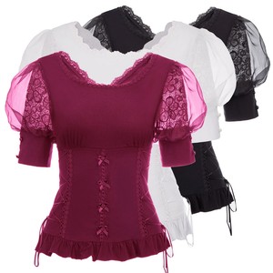 Womens-Tops-Gothic-Steampunk-U-Neck-Lace-Victorian-Short-Puff-Sleeve-Top-Blouse