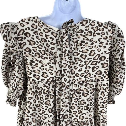 La Ven NWT Womens L Dress Babydoll Leopard Print Ruffle Tiered Puff Sleeve Fairy - Picture 19 of 20