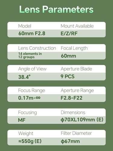 7Artisans 60mm F2.8 Macro 2X Full Frame Lens For Canon R/Nikon Z/SonyE Mount - Picture 10 of 11