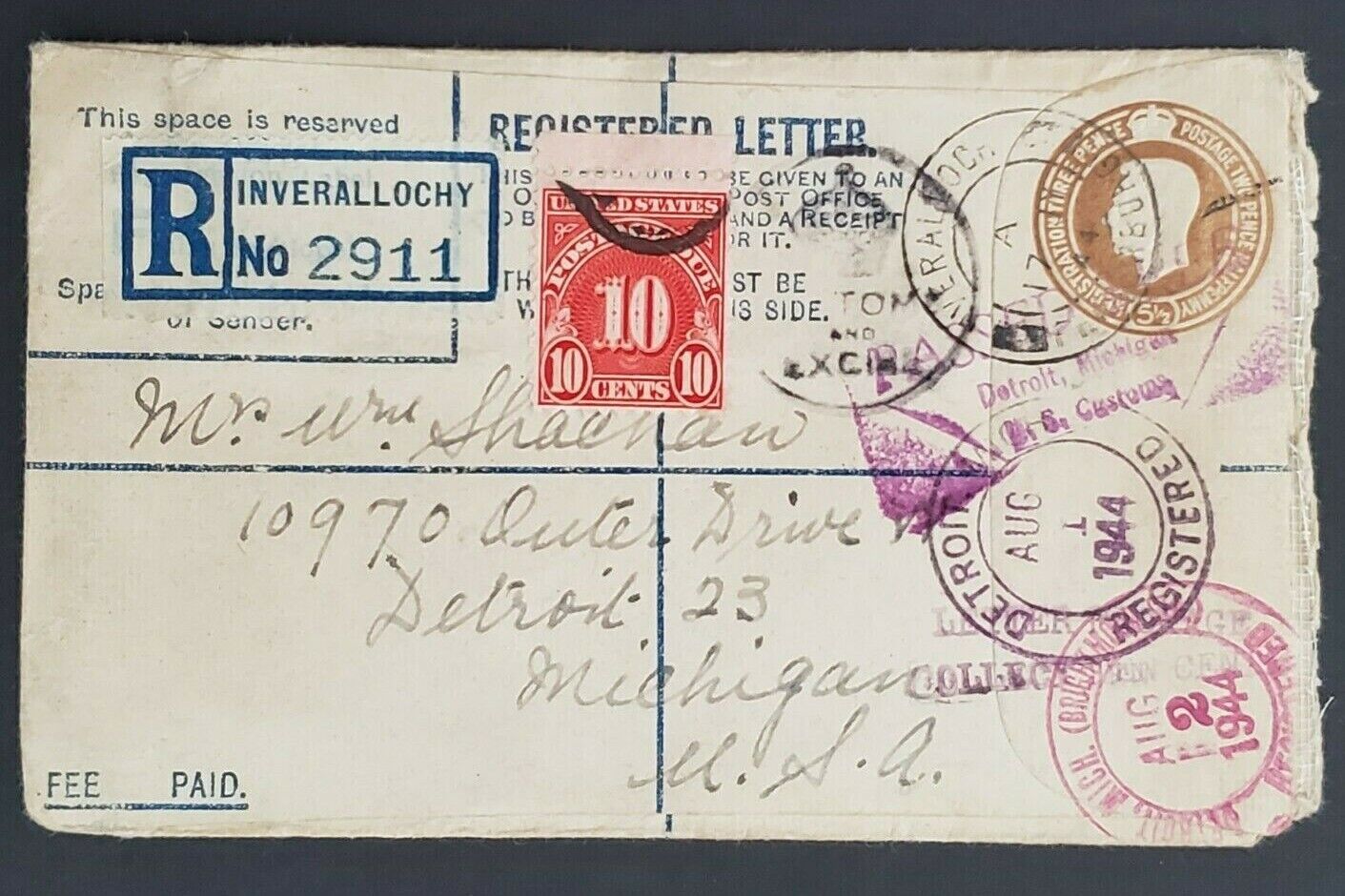 1944 Inverallochy Scotland to Detroit Michigan USA Registered WW