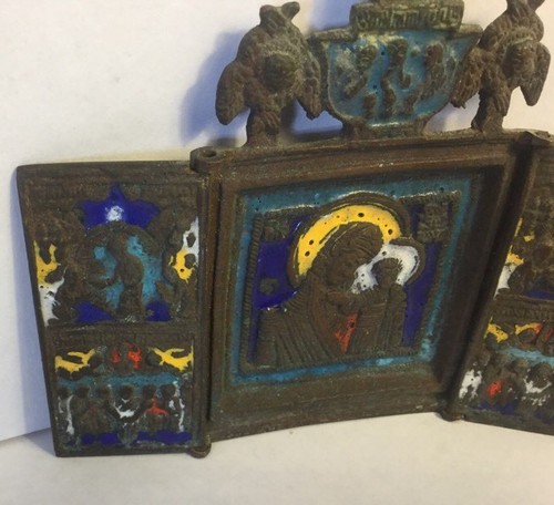 Antique Russian Bronze Enamel Triptych Traveling Icon TIKHVINSKAYA MOTHER OF GOD - Picture 3 of 7