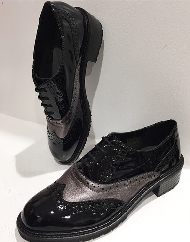Lacci Pelle Colore In Inglesine Scarpe Vera Vernice Nero Con piombo Donna 0OPkXwN8n