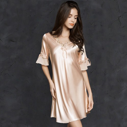Ladies Silky Night Dress Half Sleeve Satin Sleepwear Nightie Loungewear Elegant - Picture 17 of 18