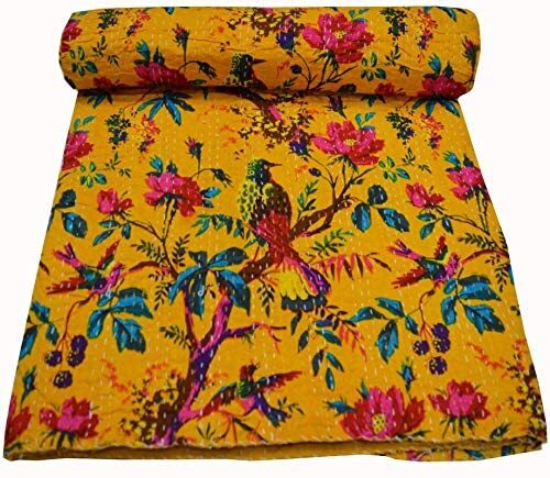 Indian Bird Print Kantha Queen Size Quilt Cotton multi Bedspread Blanket Throw - Picture 66 of 71
