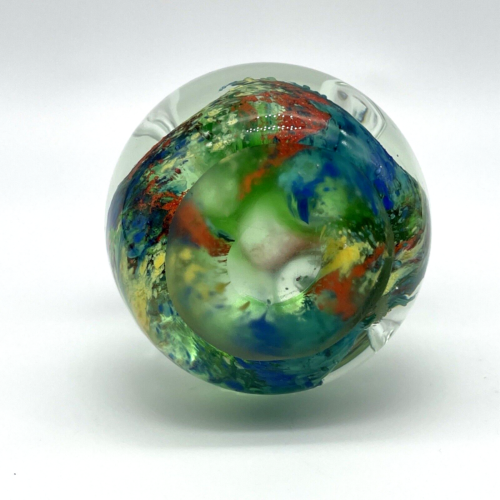 Art Glass Egg Shape Paper Weight Double Blown Wave Clear Blue Green Red Yellow - Picture 7 of 7