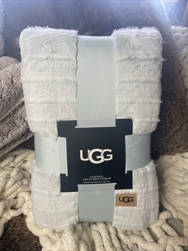UGG Dawson Textured Luxury Faux Fur Ultra Soft Throw Icy Blue White 50"x70" $125