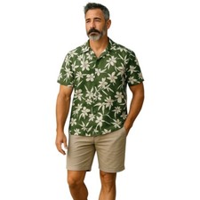 Blaq Men's Shirt Size Large Olive Green Floral Short Sleeve Casual Dress