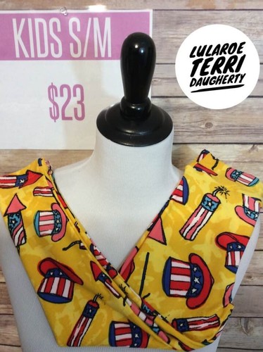 NEW 4thofJuly LuLaRoe Kids S/M Leggings Yellow w/ Firecrackers and Uncle Sam Hat