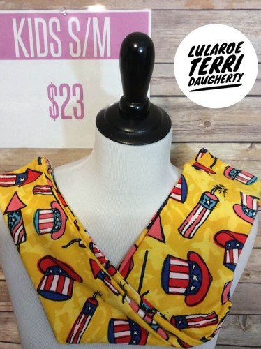 NEW 4thofJuly LuLaRoe Kids S/M Leggings Yellow w/ Firecrackers and Uncle Sam Hat - Picture 1 of 6